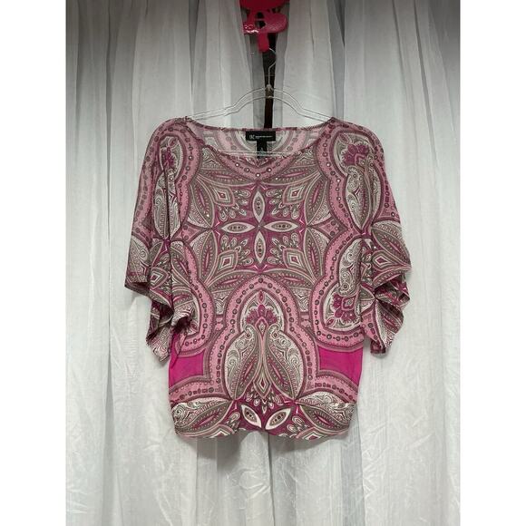 Y2K Sheer Pink Paisley Mesh Rhinestone Top Batwing Embellished Blouse Small INC - Picture 1 of 7